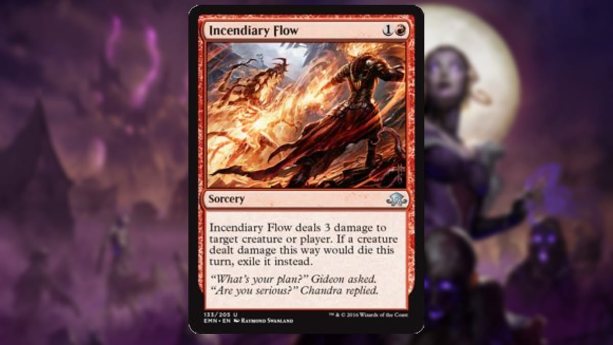 magic the gathering card in red with art of a witch clad in red who is blasting a constant flow of fire at some sort of insect like creature