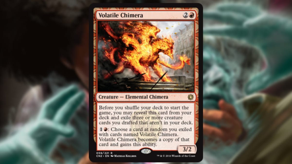 magic the gathering card in red with art showing a three headed creature composed entirely of flames