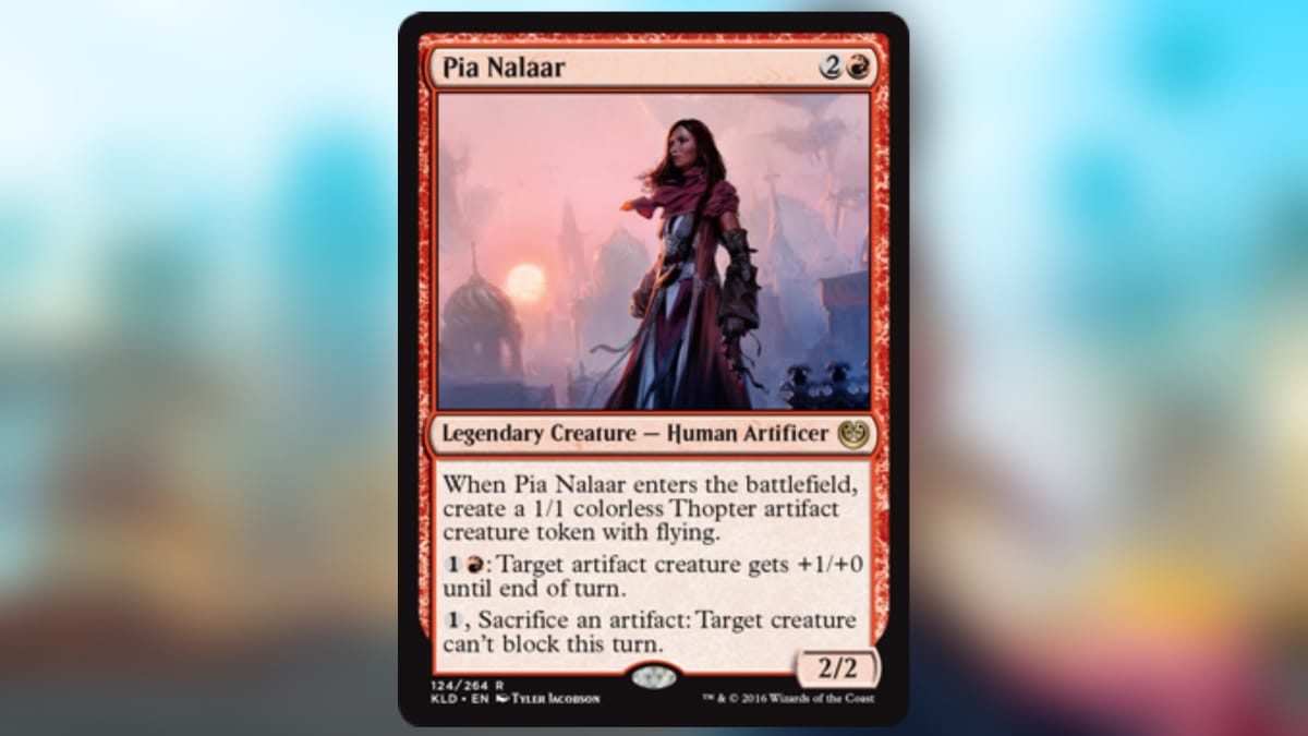 magic the gathering card in reed with art depicting a humanoid mage in red clothes and armor with a sunny cityscape behind her