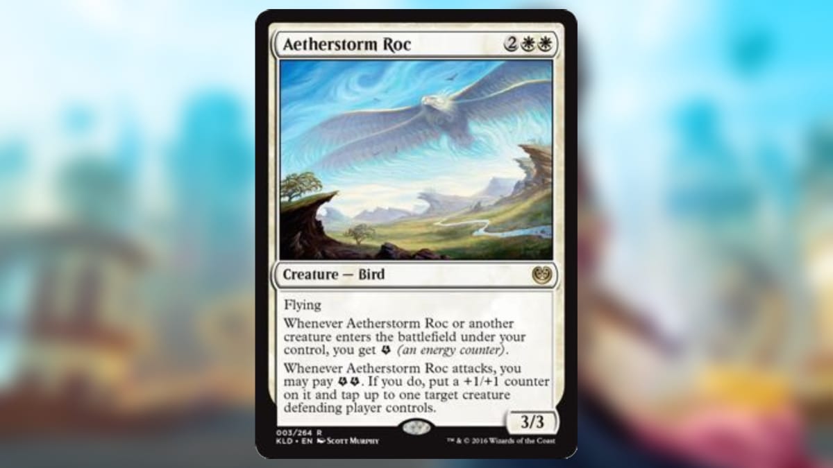 Magic the gathering card in white featuring a giant four winged bird creature flying over a huge open plain
