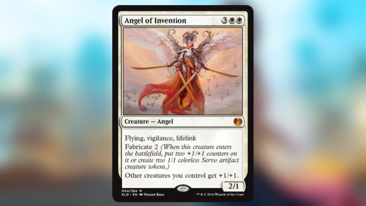 magic the gathering card in white with art depicting a four armed angel with armored wings and body
