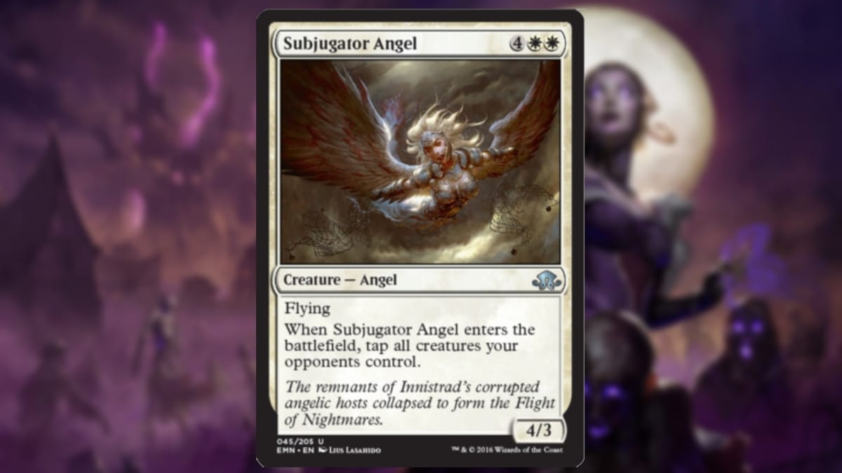magic the gathering card in white with art featuring an agressive angel dodging a net thrown by an unseen assailent