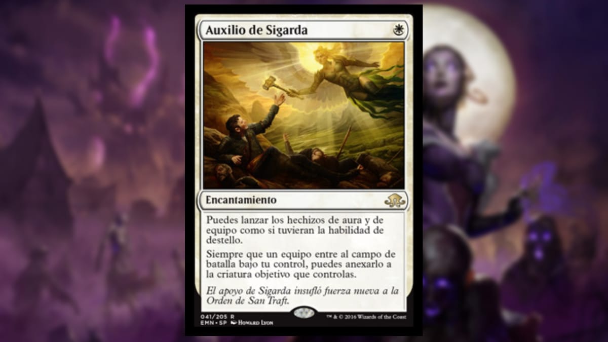 magic the gathering card in white with art featuring an angel glowing in the sky as it passed a hammer down to a prone mortal