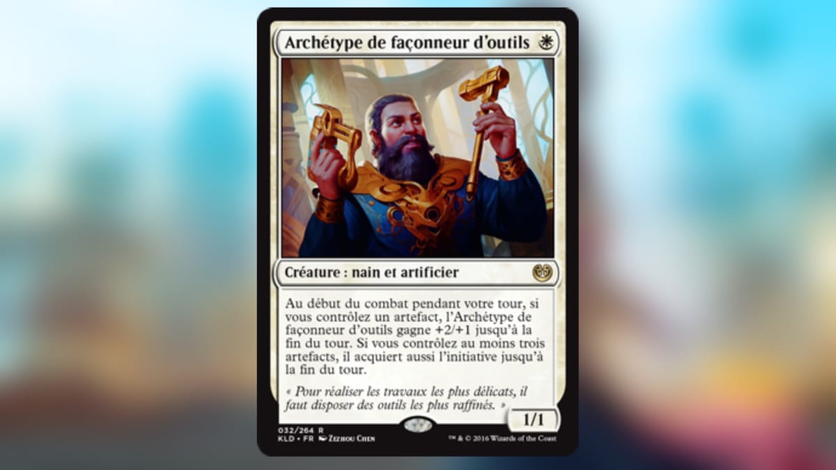 magic the gathering card in white with art of a black bearded man holding up delicate golden tools of an unknown use