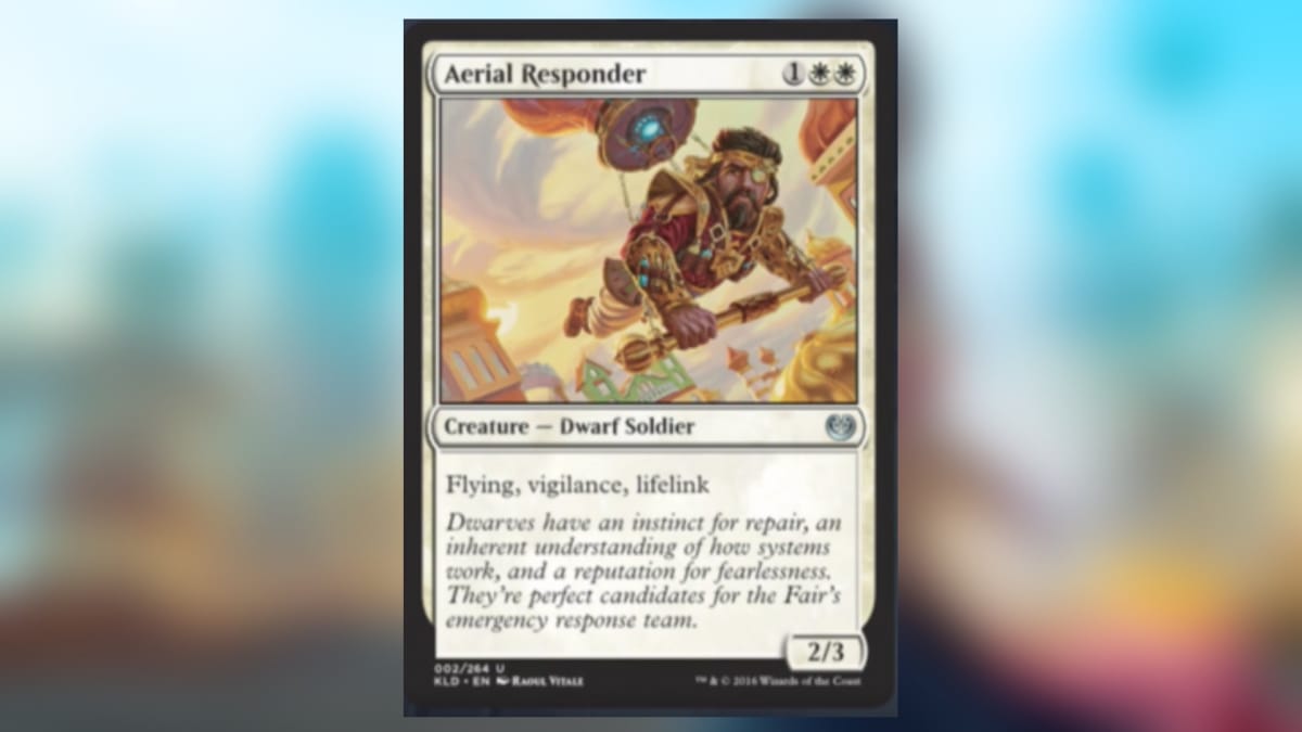 magic the gathering card in white with art of a short humanoid figure using a balloon like a handglider