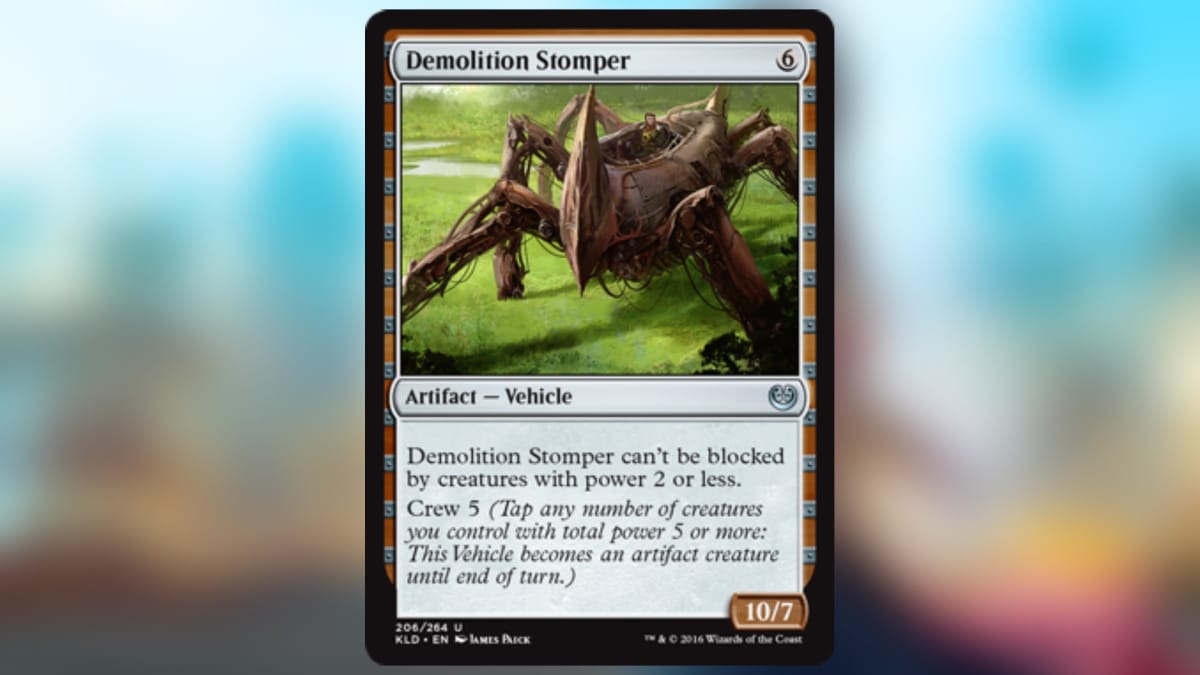 magic the gathering card with a brown and metal border and art depicting a giant brass spider with a cockpit like area in the top