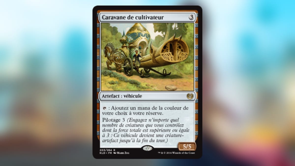 magic the gathering card with a brown and metal border and art featuring a very long caravan being pulled by strange quadraped animals
