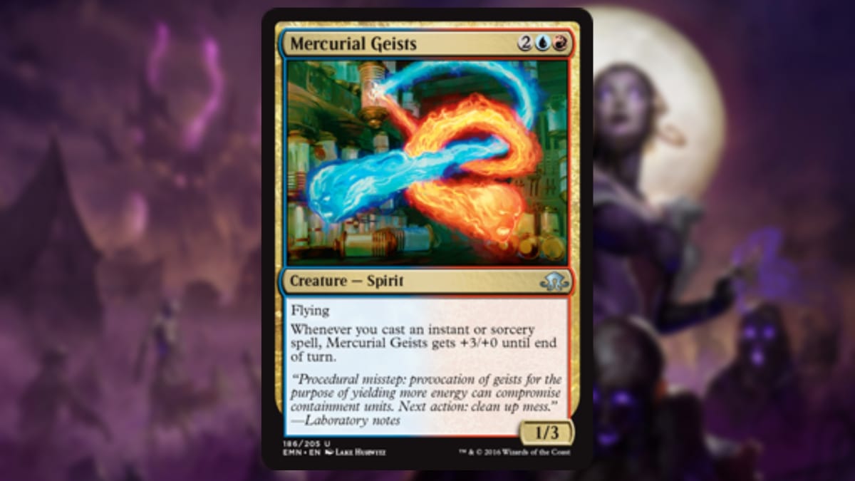 magic the gathering card with a gold border and art depicting two flying spirits one in bright red and one in bright blue as they twirl around a room filled with scrolls and phials