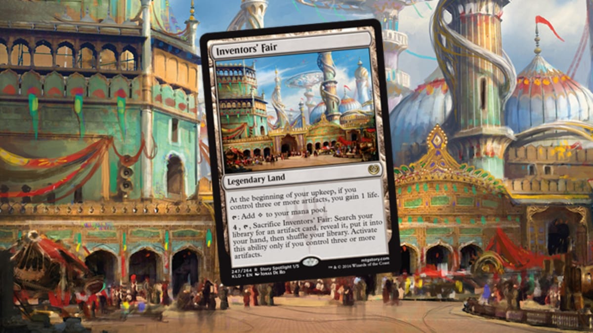 magic the gathering card with art of a huge fairground with bright decoration on a background of the same art only enlarged