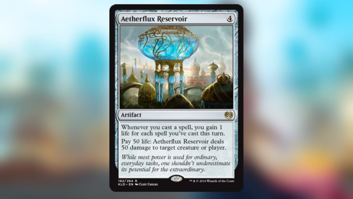 magic the gathering card with no color and art depicting a giant tower mad of glowing blue fluid and golden intricate filigree