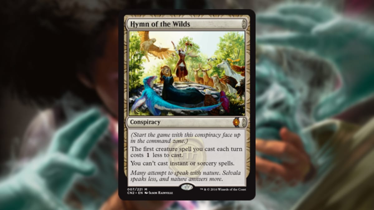 magic the gathering card with no color and art showing several woodland animals gathering around a woman with her arms raised