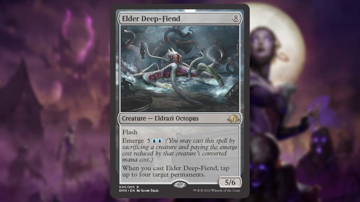 magic the gathering card with no color depicting a many tentacles sea creature coming out of th eocean with numerous sailors alive and dead gripped in his tentacles