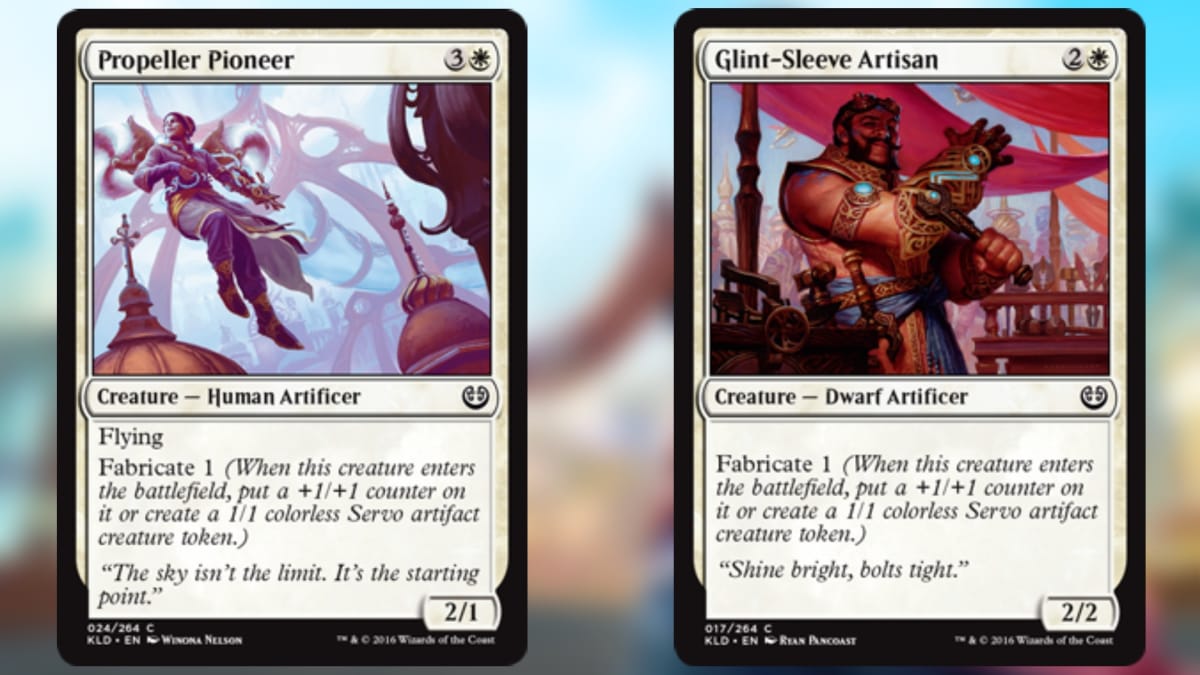 magic the gathering cards both white side-by-side one with a flying person on and the other with a person covered in jewellery 