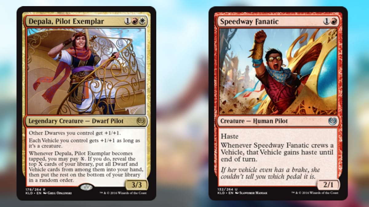 Magic the gathering cards side by side featuring two humans wearing similar outfits one standing on the rails of a staircase, the other hanging out the window of a vehicle
