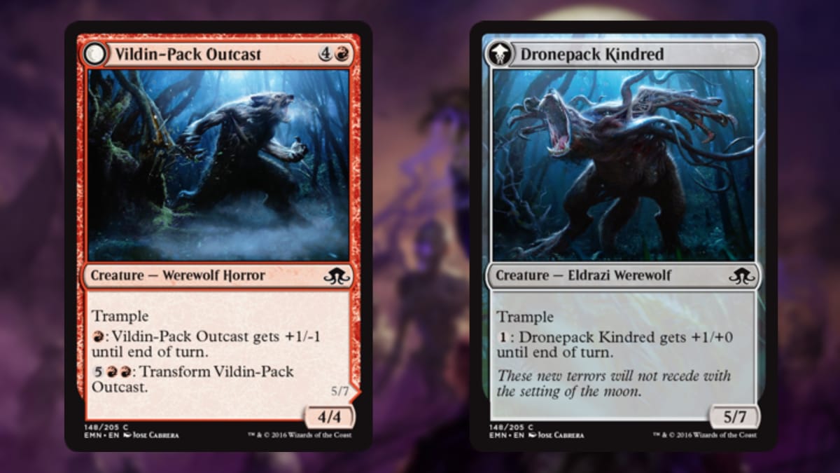 magic the gathering cards two in a row one red and the other colorless featuring first a lone werewolf then a pack of horrific cosmic horror werewolves