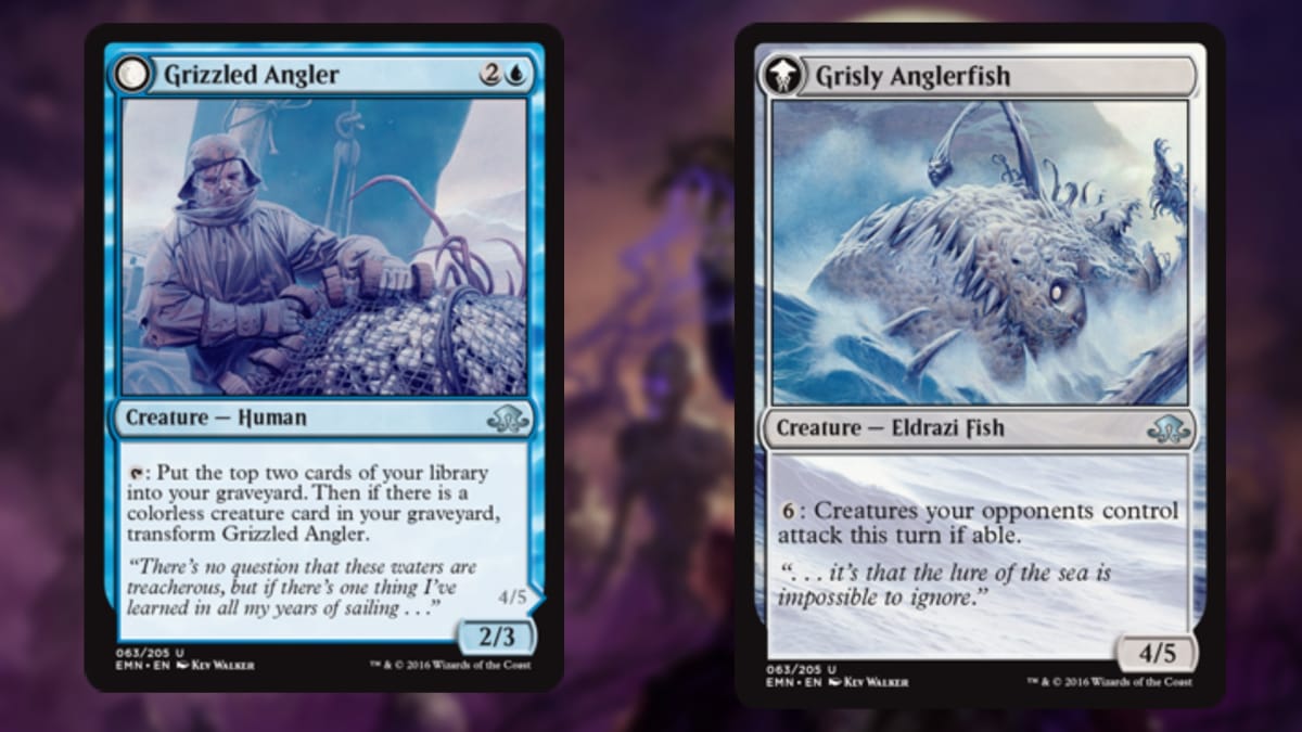 magic the gathering cards two in a row with one featuring a blue fisherman while the other features a giant evil fish with giant sharp teeth