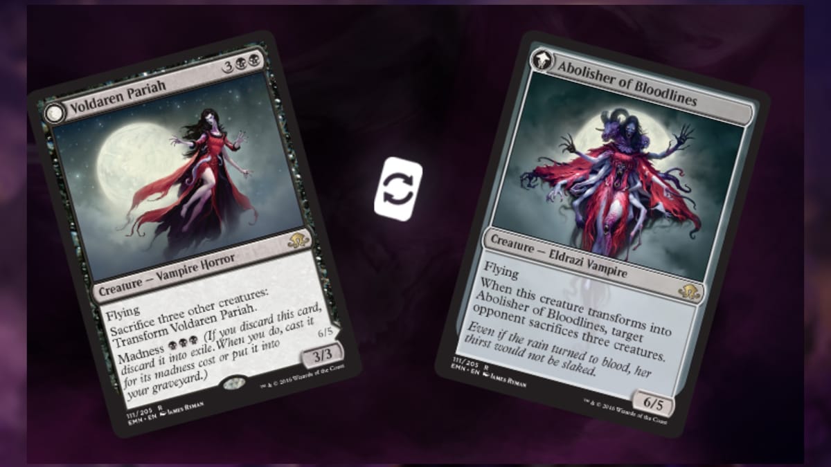 magic the gathering cards two next to each other depicting two vampires with the second being a twisted parody of the first after it was infested with parasitic entities