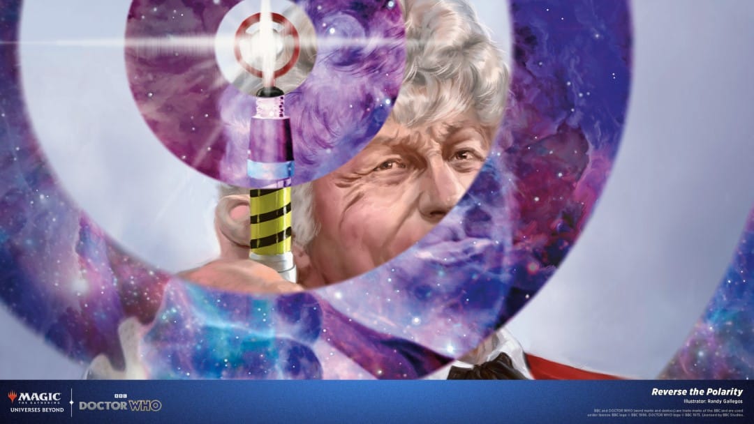 Artwork of Jon Pertwee as The Third Doctor, holding up his sonic screwdriver from the Magic: The Gathering Doctor Who crossover set