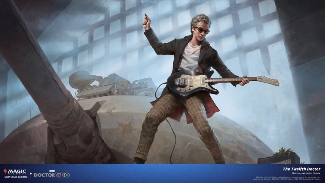 Artwork of the Twelfth Doctor standing on a tank, wearing sunglasses, and playing the guitar from the Magic: The Gathering Doctor Who crossover set.