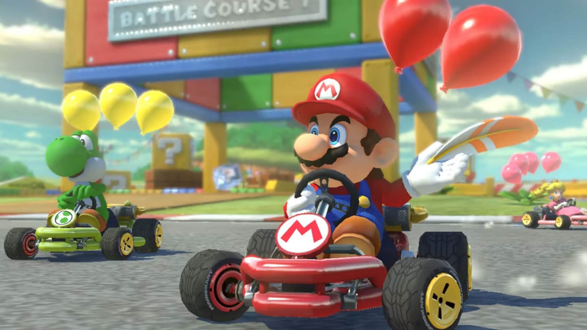 Mario holding a feather and looking askance at Yoshi in Mario Kart 8 Deluxe, at number six in this week's UK boxed sales charts