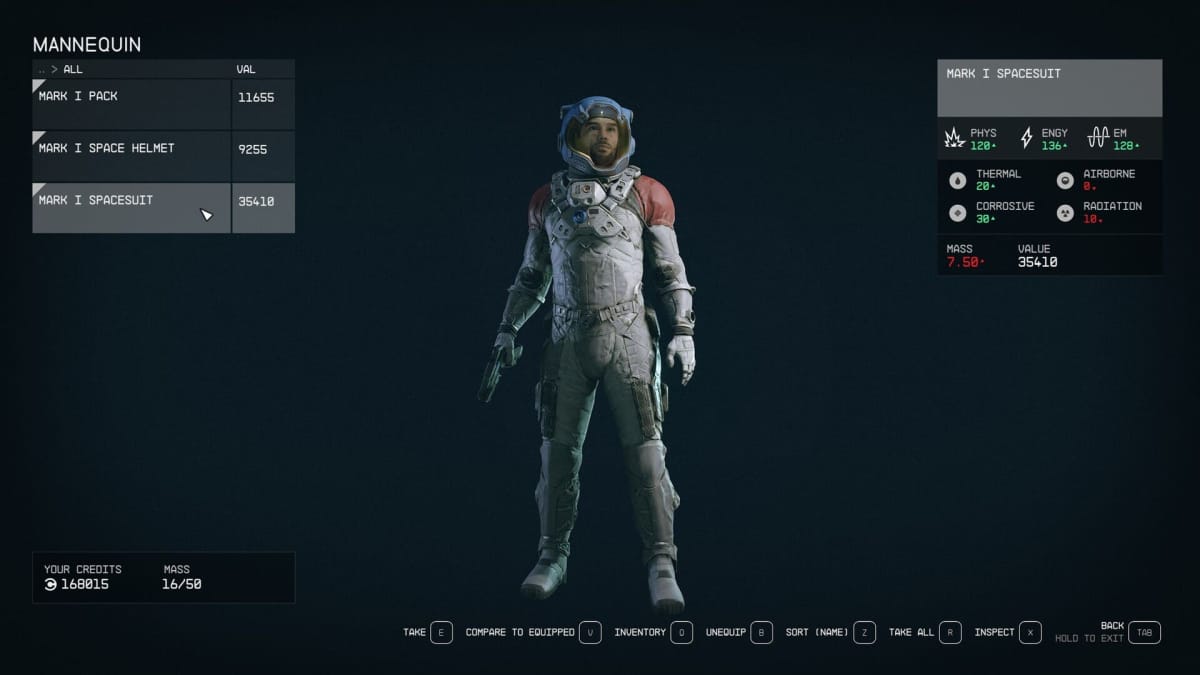 Image of the Mark 1 Spacesuit Stats in Starfield