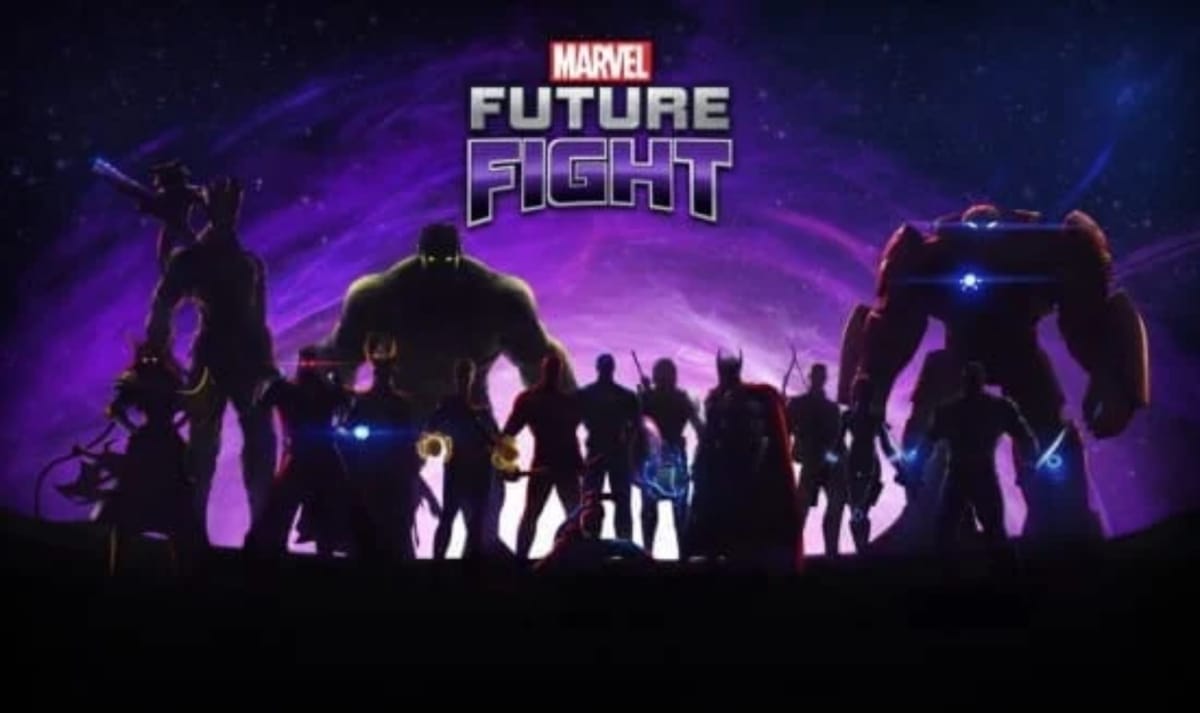 Marvel Future Fight Key Art depicting various marvel figures in silhouette 
