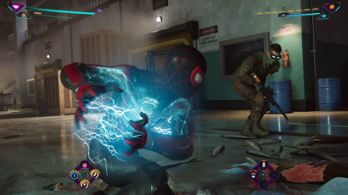 Miles charging up an electric attack against a Hunter enemy in Marvel's Spider-Man 2