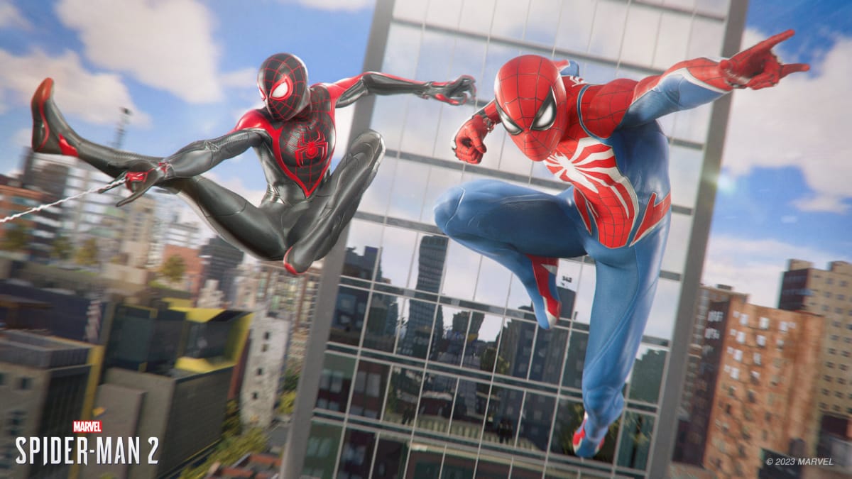 Peter Parker & Miles Morales swing over New York City in Marvel's Spider-Man 2 