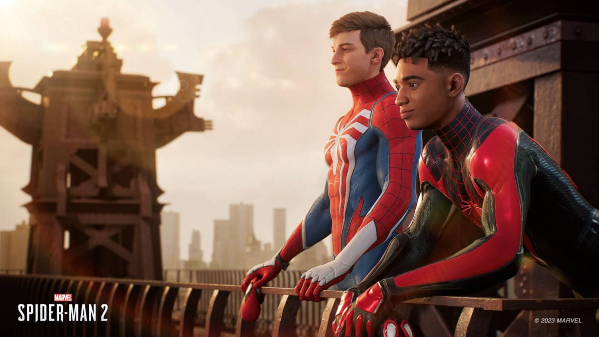 Marvel's Spider Man 2 Peter and Miles With No Masks on a Balcony