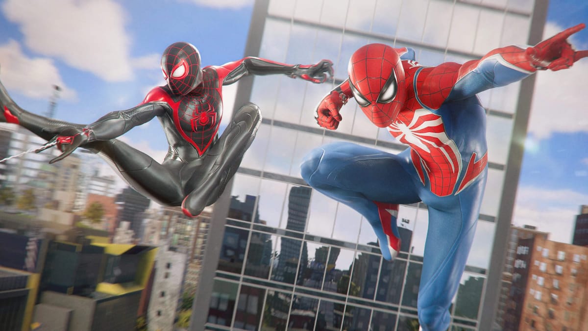 Peter and Miles swinging through New York together in official artwork of Marvel's Spider-Man 2