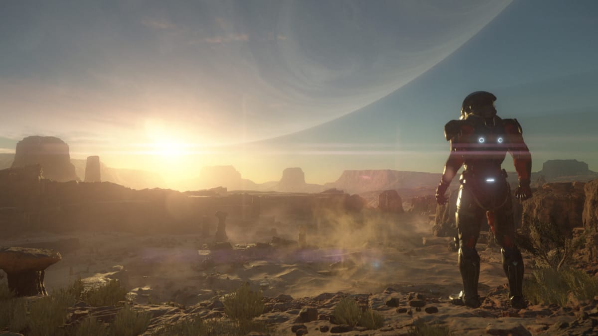 A character looking out over a desolate wasteland in Mass Effect: Andromeda
