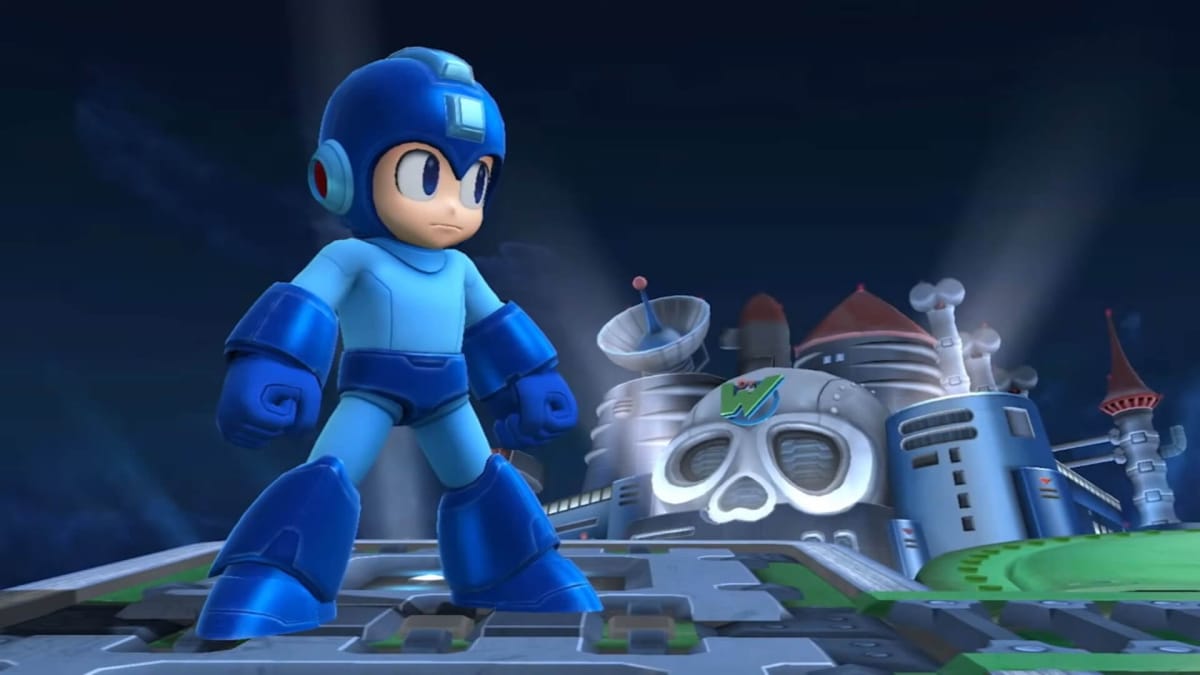 Mega Man standing on his stage in the Nintendo 3DS and Wii U game Super Smash Bros.