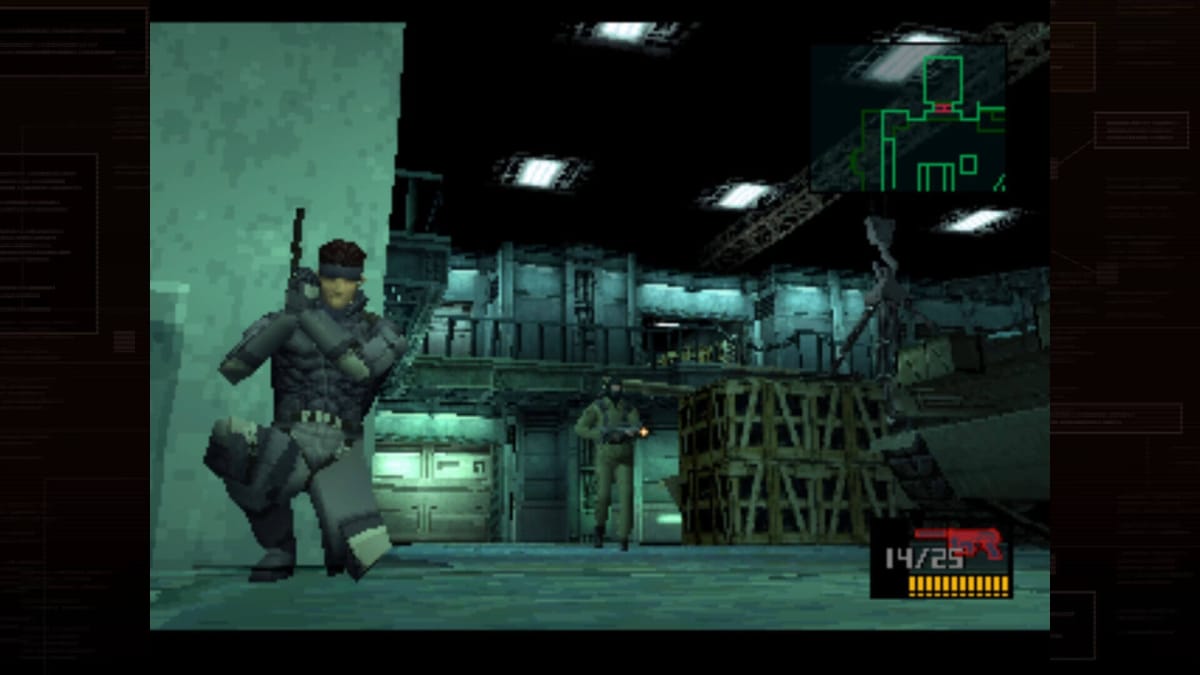 Snake leaning against a wall with his gun raised in the Master Collection version of the original Metal Gear Solid