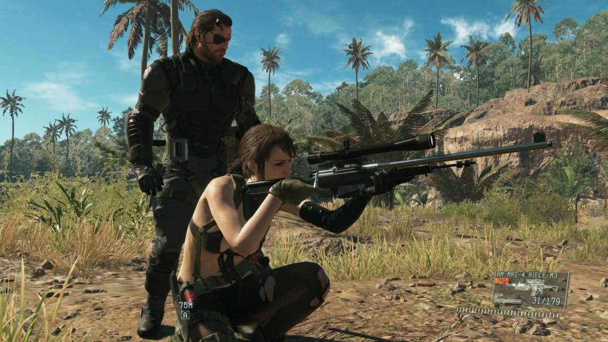 Snake standing over Quiet as she aims her sniper rifle in Metal Gear Solid V