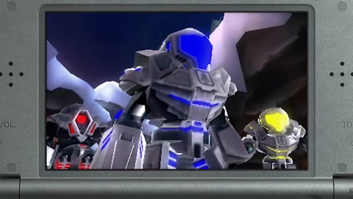 A shot of three troopers in the Nintendo 3DS game Metroid Prime: Federation Force