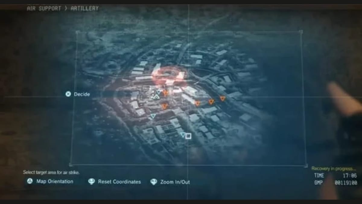 MGS 5 Screenshot showing a blue digital map depicting some kind of military installation. 