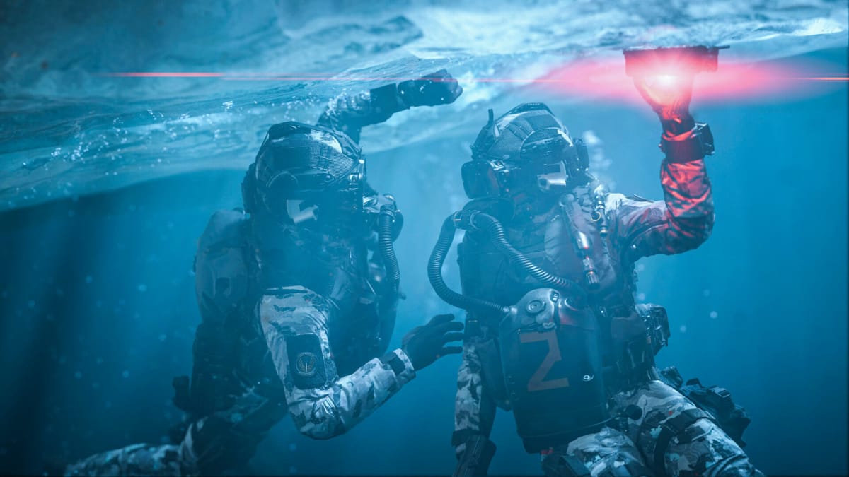 Two soldiers underwater in Call of Duty: Modern Warfare III, an upcoming Activision Blizzard game