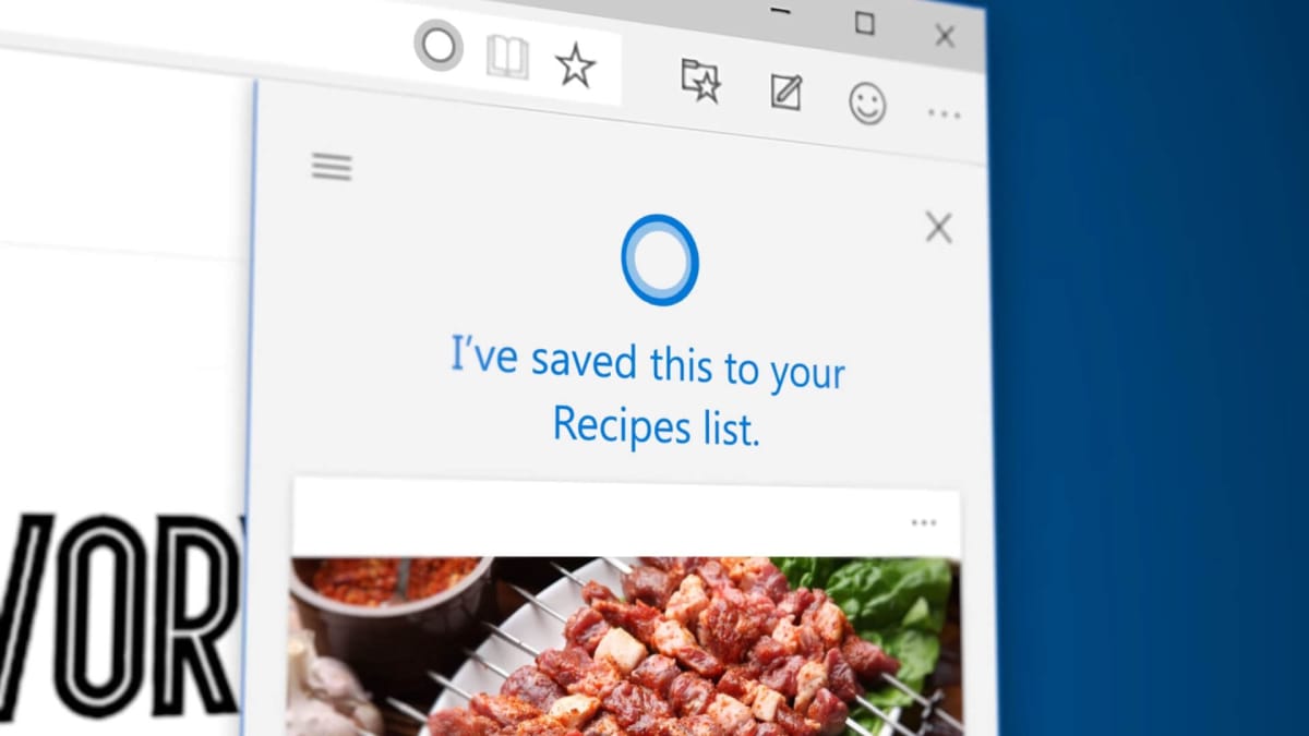 A shot of Cortana saving a recipe in a browser