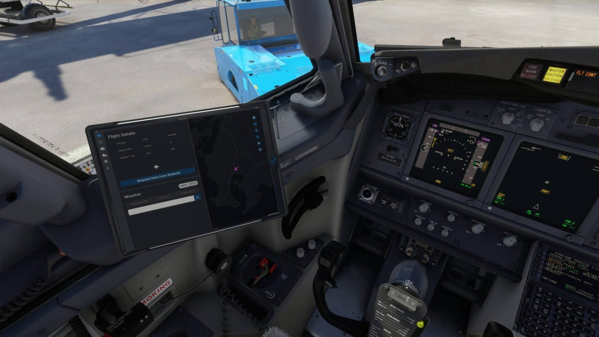 Microsoft Flight Simulator Universal flight tablet on the flight deck of a PMDG Boeing 737
