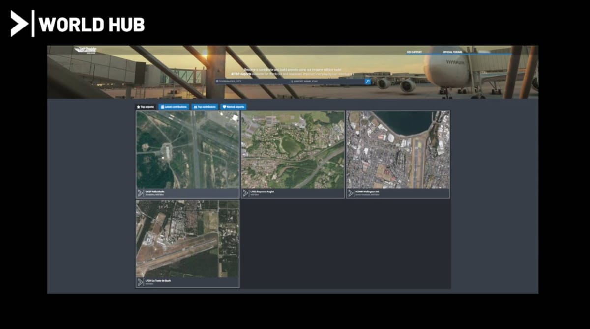 Schermata dell'hub mondiale di Microsoft Flight Simulator