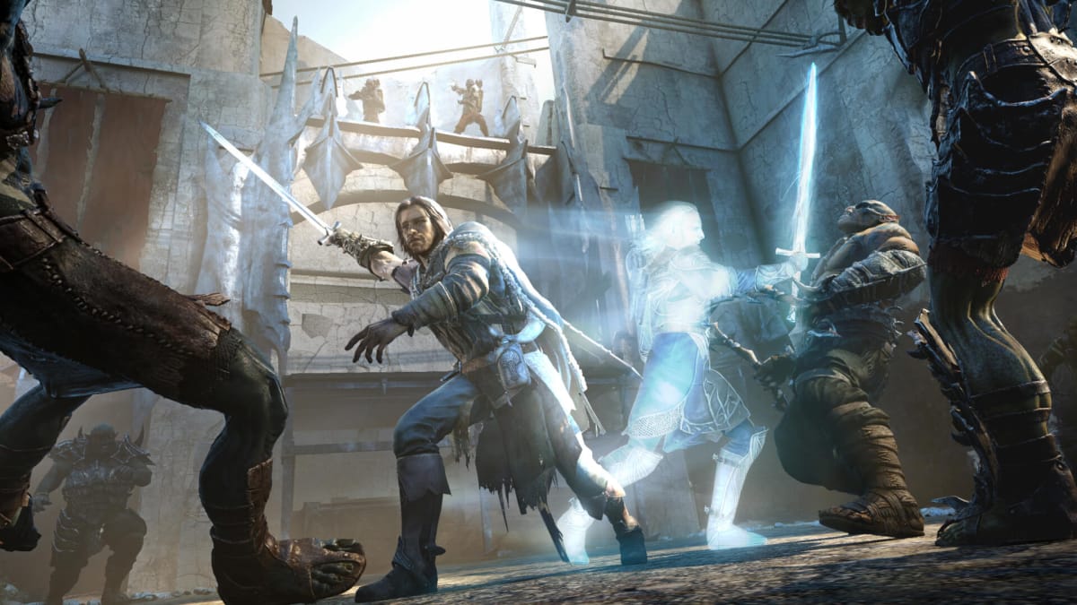 Talion and Celebrimbor surrounded by Orcs and fighting them in Middle-earth: Shadow of Mordor