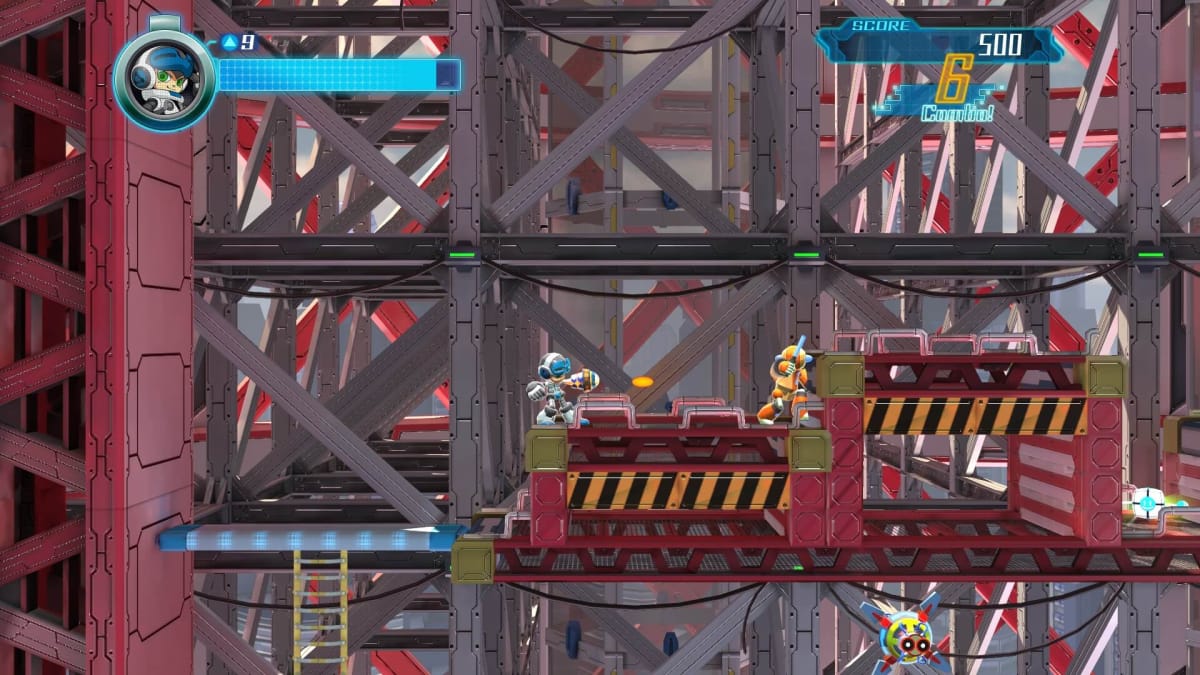 Beck shooting at an enemy in Mighty No. 9