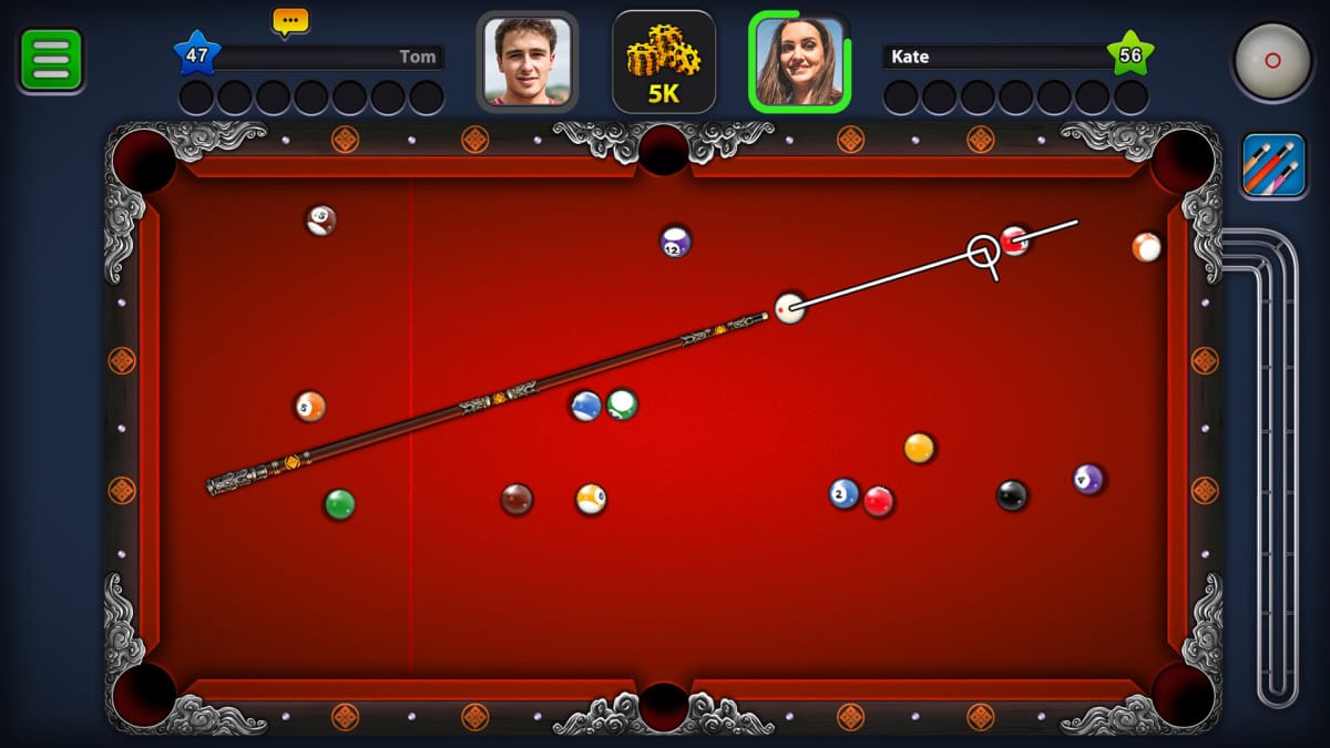 The Miniclip game 8 Ball Pool being played on a red table between two players called Tom and Kate