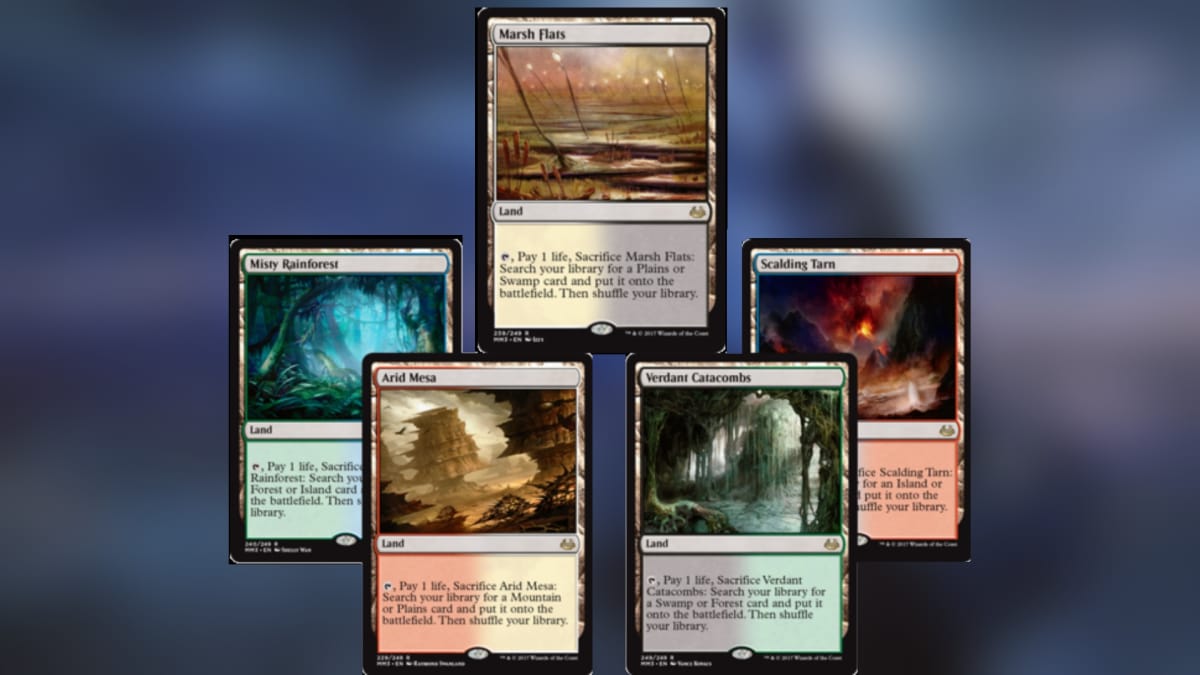 Modern Masters 2017 spoilers featuring five magic the gathering cards arranged in a circle with art of different terrains on them