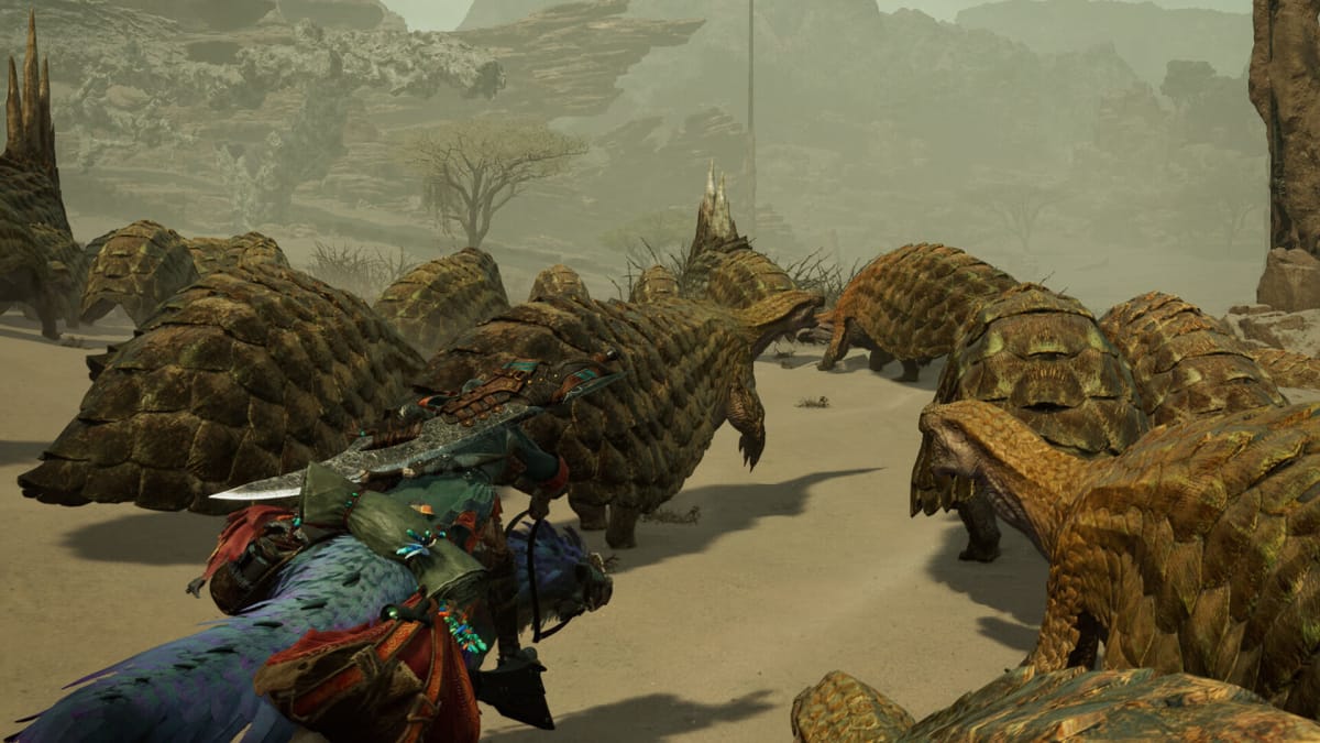 The player riding amongst turtle-like monsters in Monster Hunter Wilds