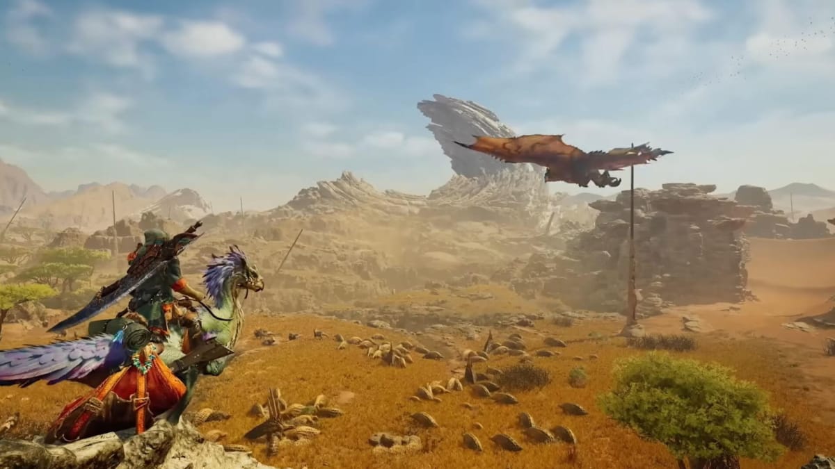 The player riding a colorful raptor and looking out over a desert, over which a beast that looks like Rathalos is flying, in Monster Hunter Wilds
