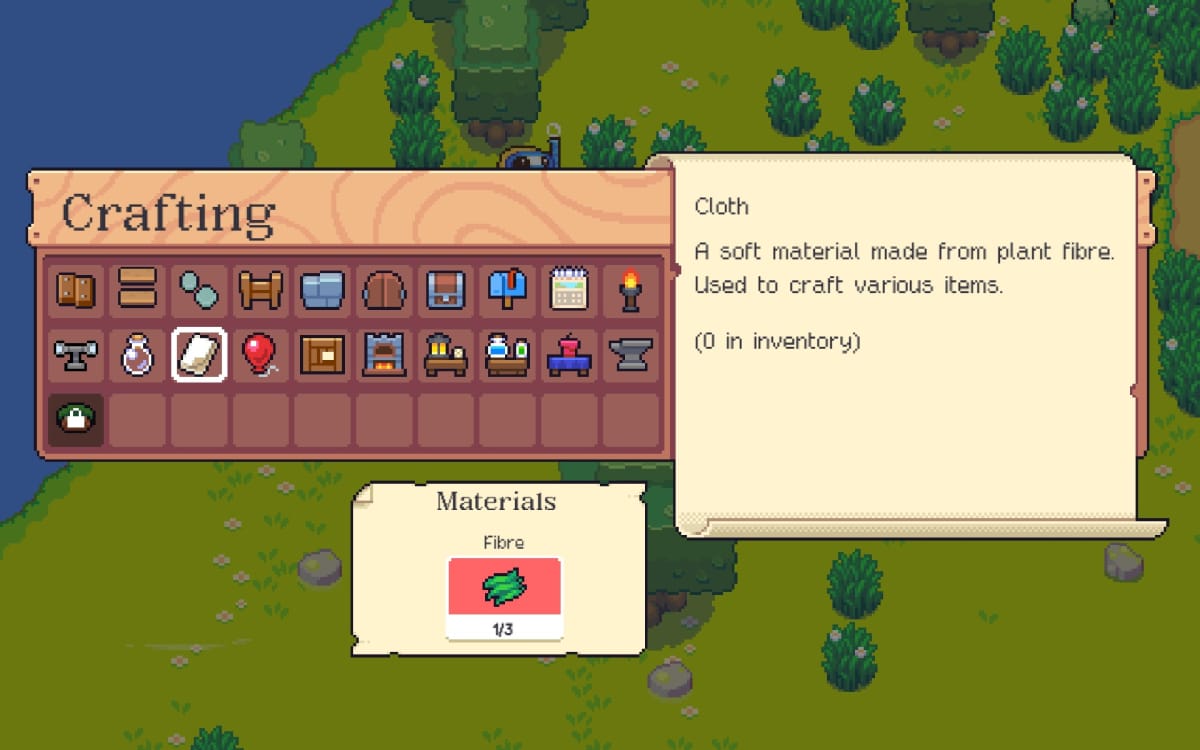 Monster Island screenshot with a crafting menu displaying the crafting recipe for a bolt of cloth