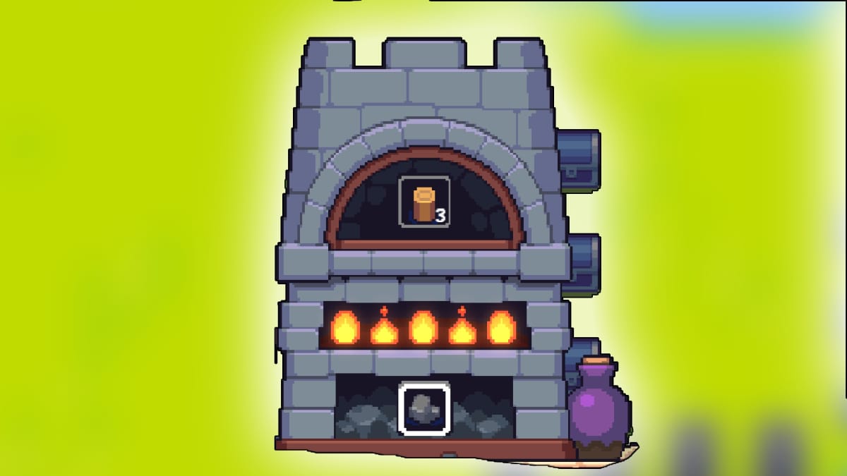 Moonstone Island artwork showing a pixel art representation of a furnace with some wood and coal inside