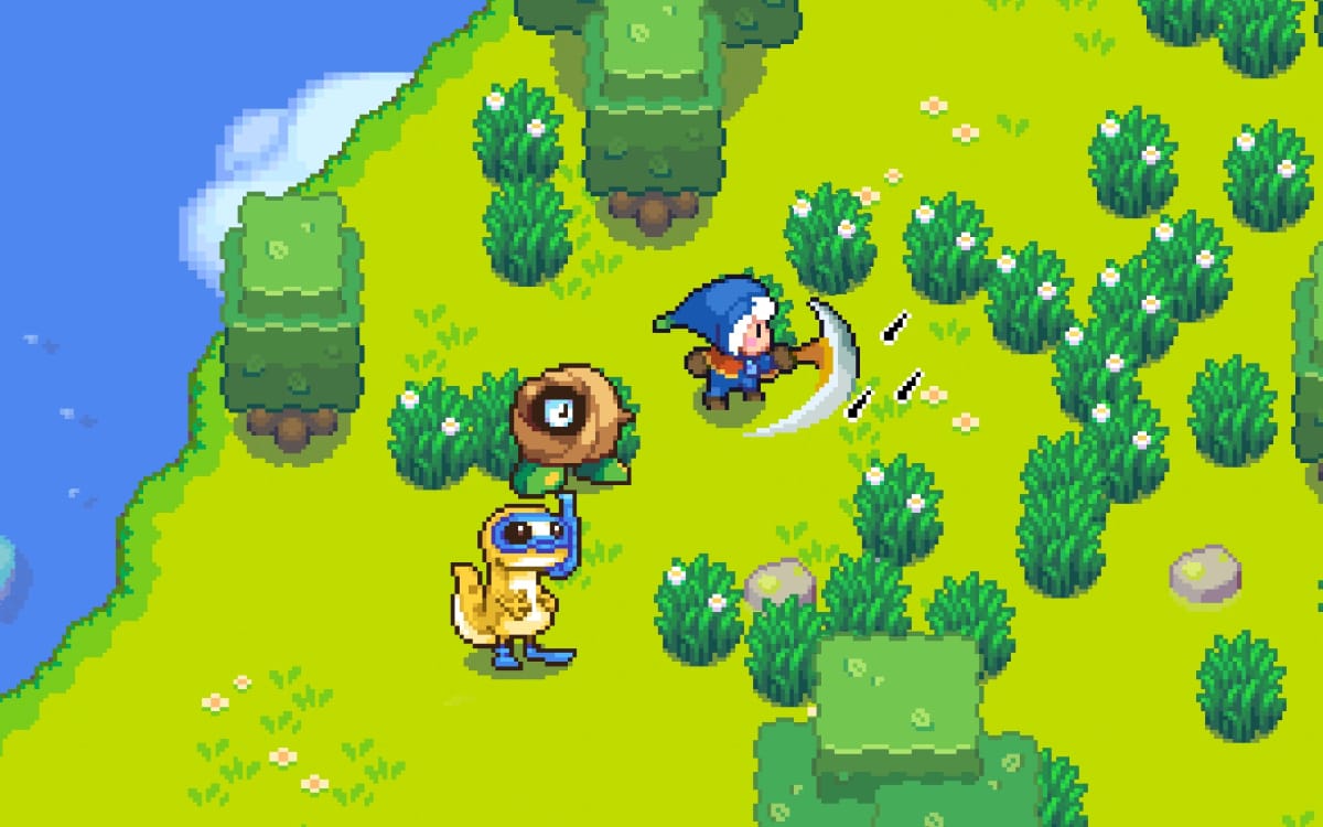 Moonstone Island screenshot showing a blue-clad pixelated character swinging a scythe through some grass while surrounded by strange monsters