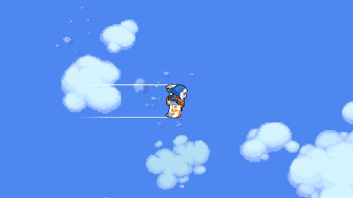 Moonstone Island screenshot showing a pixel art character in a blue hat flying through the sky on an orange and white glider